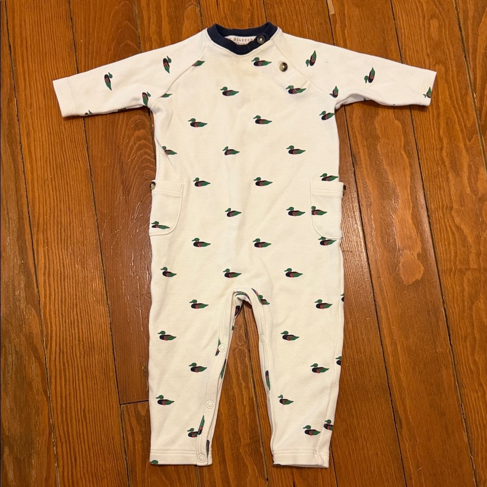 The Beaufort Bonnet Company Cream Romper with Green & Navy Duck Print